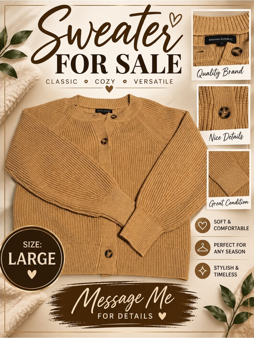 Classic Ladies Cardigan Sweater - Tan, Large